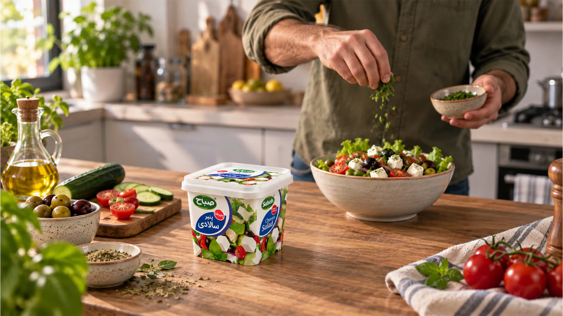 Preparing a salad with Sabah salad cheese
