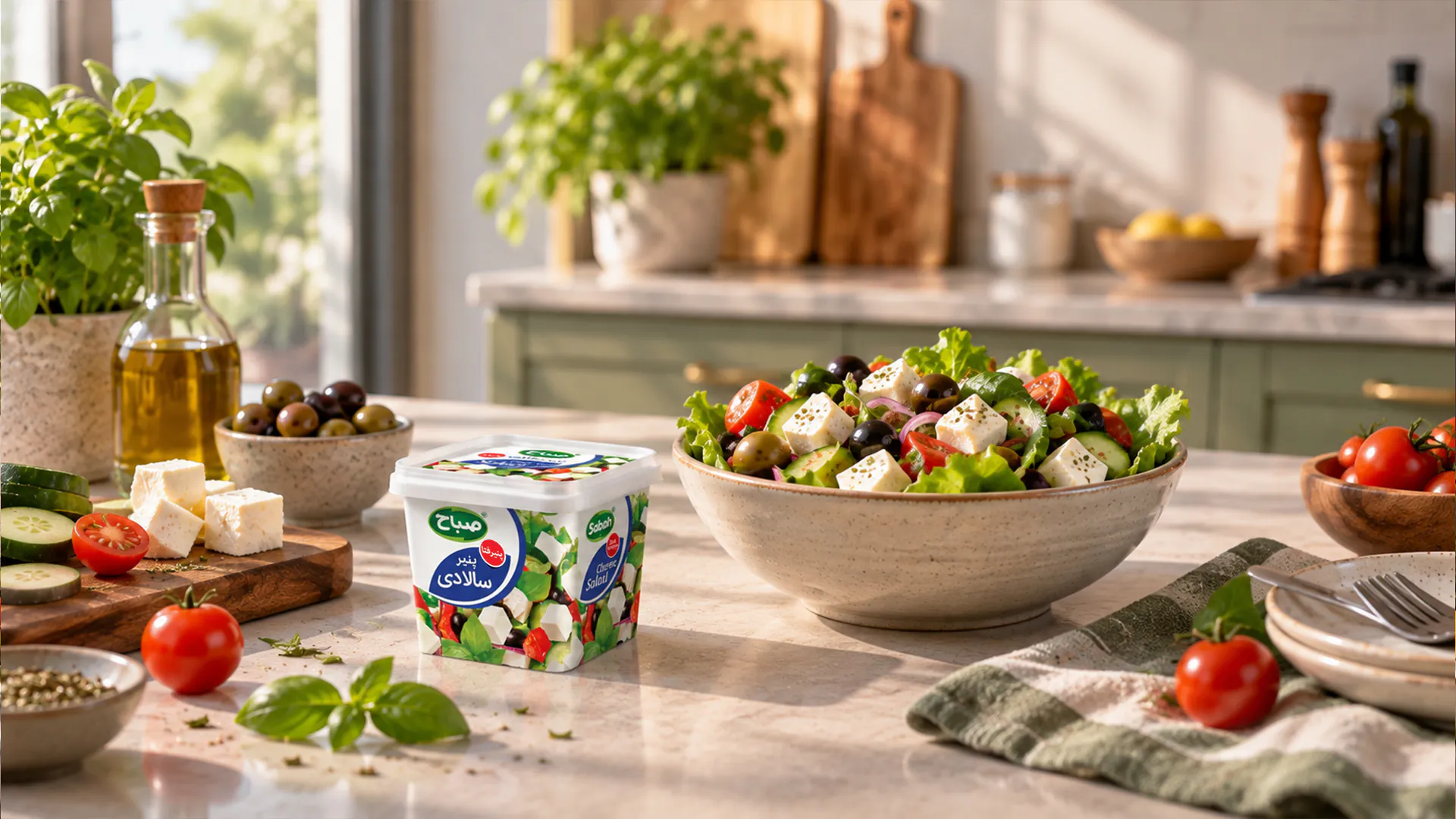 Sabah salad cheese beside a bowl of fresh salad